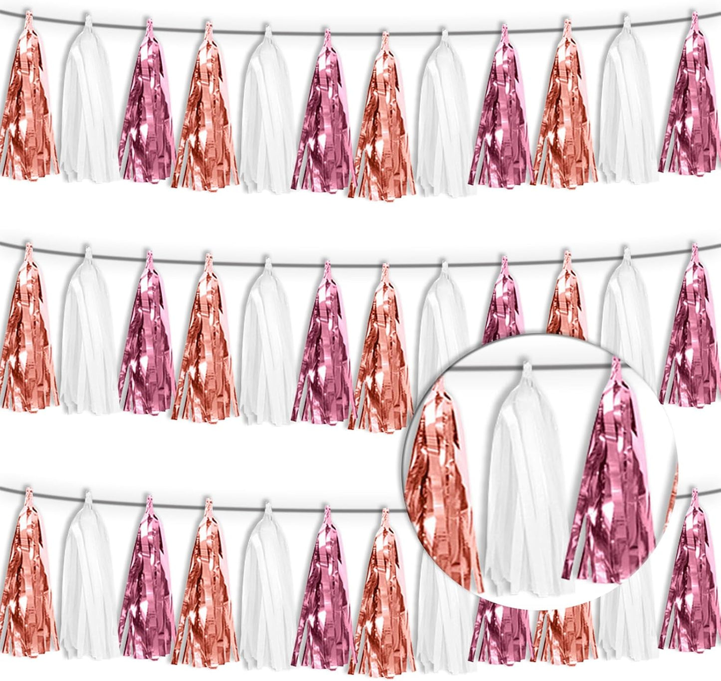 3P Rose-Gold Pink White Tassel Banner Garland Metallic Foil Fringe Banner Tinsel Tassels Streamer Banner Backdrop for Parade Floats, Graduation 2025, Wedding, Birthday, Retirement Party Decorations