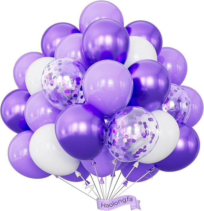 Purple and White Balloons,12 Inch 60 Pcs Pastel Purple Confetti Balloons,Lavender Lilac Balloon for Mother's Day/Birthday/Baby Shower/Graduation/Wedding Decorations