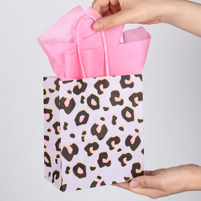 DjinnGlory 24 Pack Mini Small Gray Leopard Cheetah Print Party Favor Bags with Handles and Pink Tissue Paper for Party Favors Goodies, Small Business Gifts, Merchandises, 6.5x5.5x3 Inch