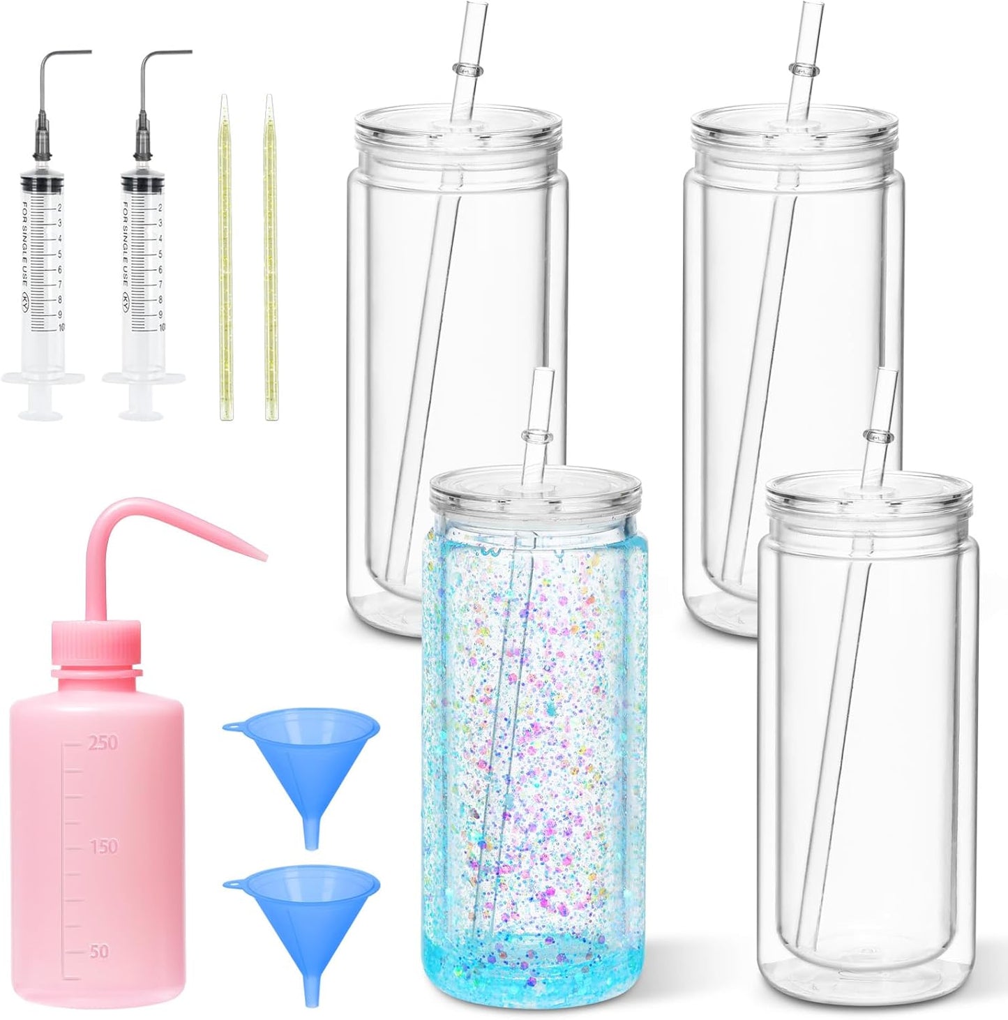 20 Oz Acrylic Snowglobe Tumbler Including Diy Kit, 4 Pack Pre-Drilled Double Wall Plastic Snowglobe Cup for Glitter Snow Globe Diy