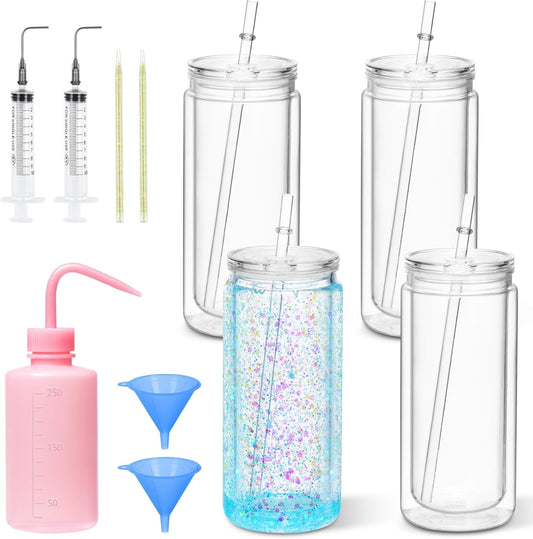 20 Oz Acrylic Snowglobe Tumbler Including Diy Kit, 4 Pack Pre-Drilled Double Wall Plastic Snowglobe Cup for Glitter Snow Globe Diy