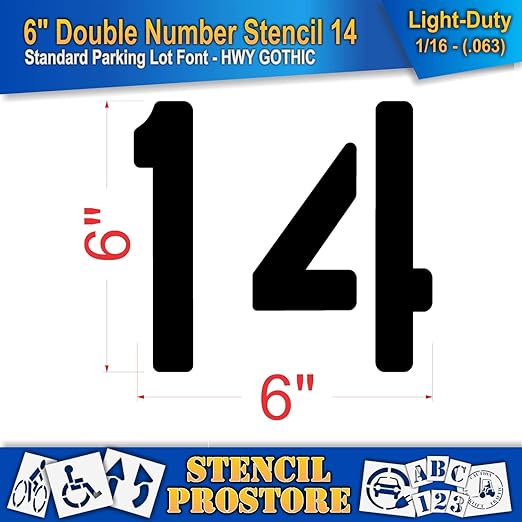 Pavement, Curb, and WheelStop Stencils - 6 inch Double Number Stencil - (14) - 6" x 6" x 1/16" (63 mil) - Light-Duty