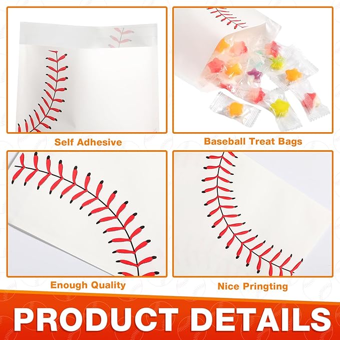 Tinlade 100 Pcs Gift Bags 5 x 7 Inch Treat Bag Favor Bag Self-Adhesive Candy Bag for Supply (Baseball)