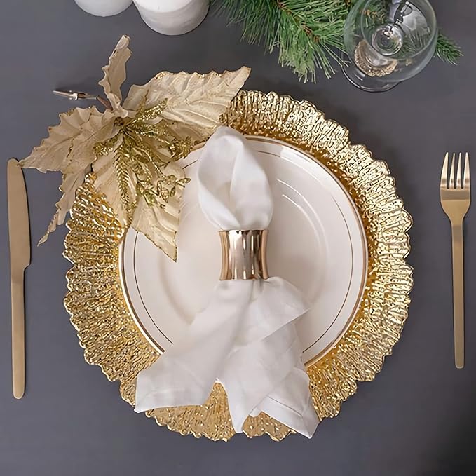 WUWEOT 12 Pack Gold Charger Plates, 12.7" Round Plastic Reef Plate Chargers with Flora Reef Design for Wedding Dinner Party Decoration