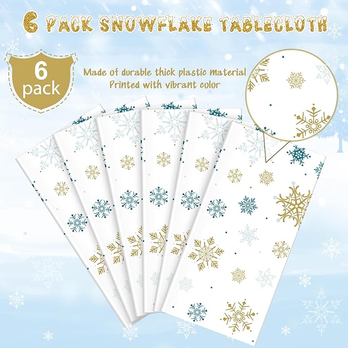 Hallswl 6Pcs Snowflake Plastic Tablecloth Christmas Snowflake Disposable Table Cloth White Blue and Gold Winter Wonderland Table Cover for Winter Holiday Christmas Birthday Party Supply,54x108 Inch