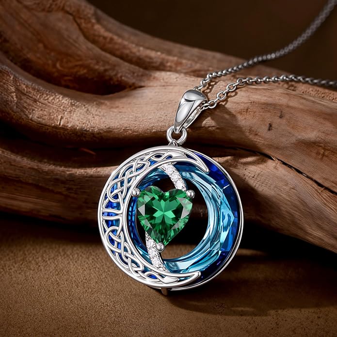 Valentines Day Gifts for Women, Birthstone Necklace for Women, Celtic Moon Pendant Blue Crystal Necklace Heart Jewelry Anniversary Jewelry Gift for Daughter Wife Mother Sister