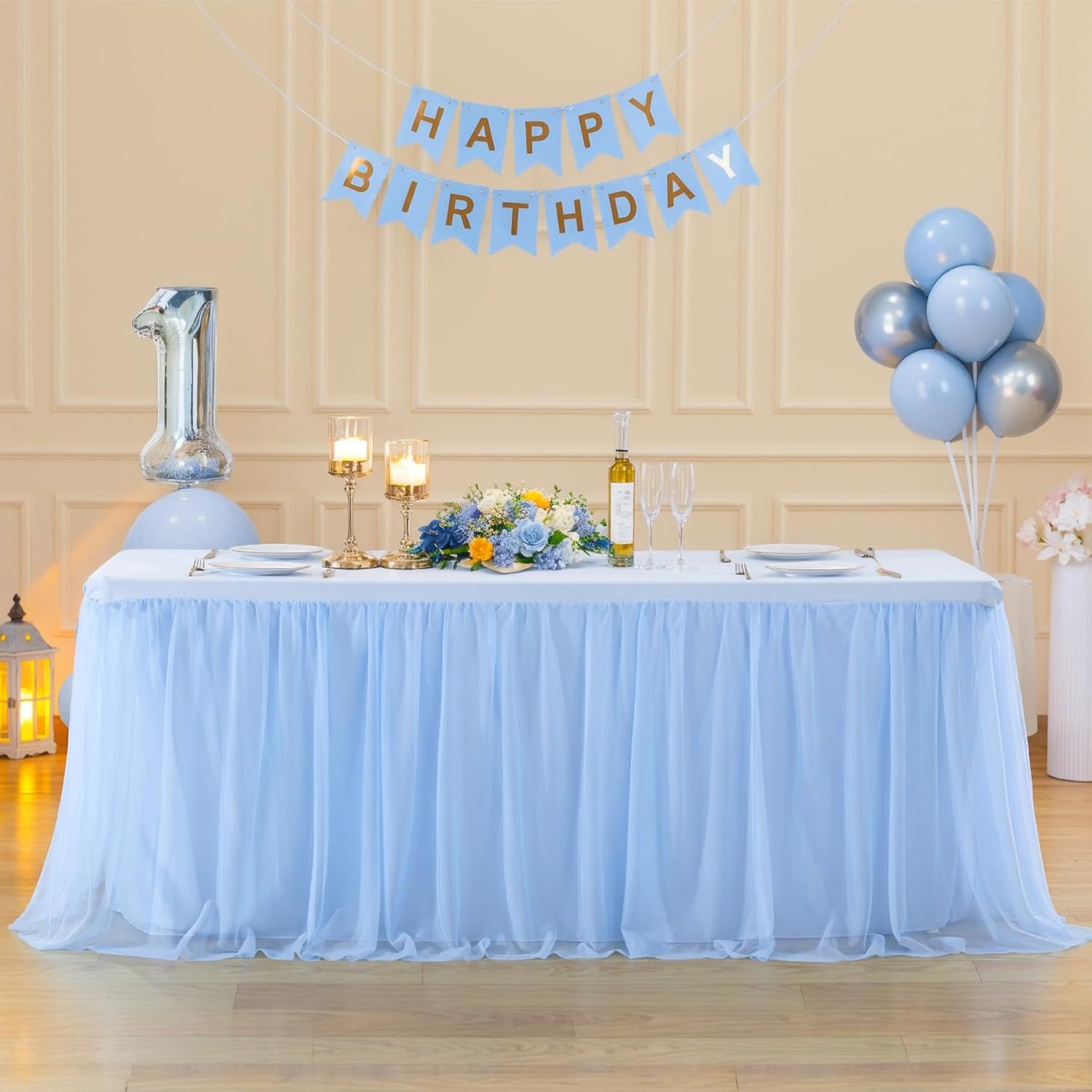 4 Pack 8ft Baby Blue Tulle Tablecloths for Rectangle Tables, 8 Foot Rectangular Table Cloth Wrinkle Free Table Cover with Tutu Skirt for Baby Shower Boy Birthday Party Banquet Buffet Cake