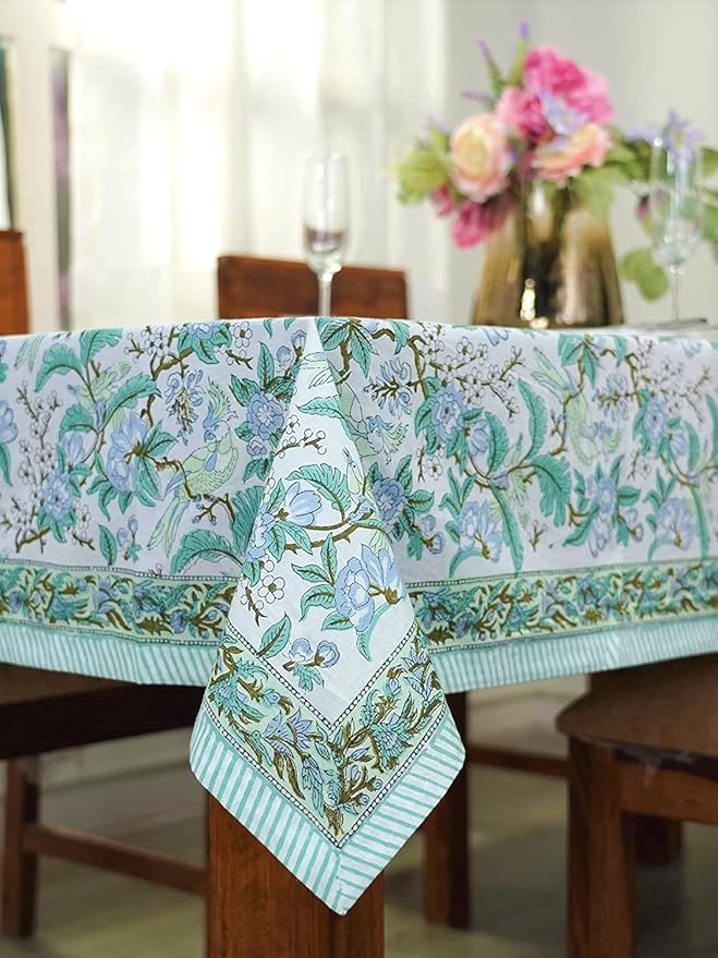 Ridhi Hand Block Print Sage Russian Green Rectangle Cotton Tablecloth 160" x 72" Reusable Table Cover Decorative Everyday Use for Dining, Farmhouse, Home Gift for Spring, Easter, Valentine