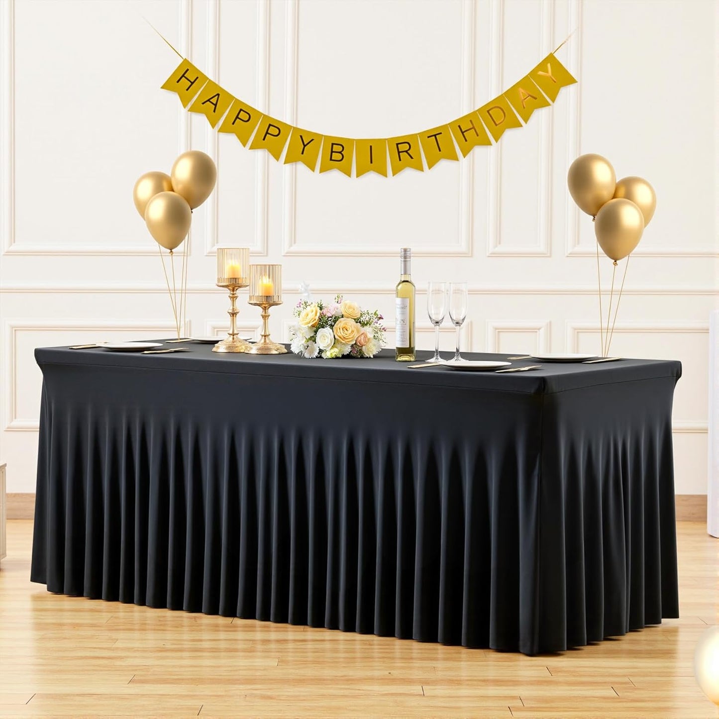 Suppromo 8ft Black Spandex Tablecloths for Rectangle Tables Wrinkle Free Black Table Cloth Rectangle Stretch Fitted Table Cover with Skirt for Wedding Birthday Party Banquet Baby Shower Buffet Event