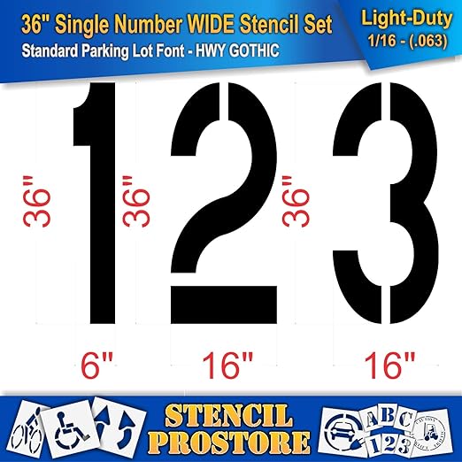Pavement Stencils - 36 inch Number Stencil (Wide) Set (12 Pieces) - 0-9 - 36" x 16" x 1/16" (63 mil) - Light-Duty