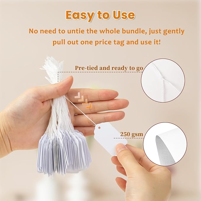 White Price Tags with String Attached 1000 PCS, 1.375 x 2.125 Inches, Goefun Writeable String Tags for Gift Bags, Hanging, Clothing, Jewelry, Garage/Yard Sale, Inventory, 250 GSM