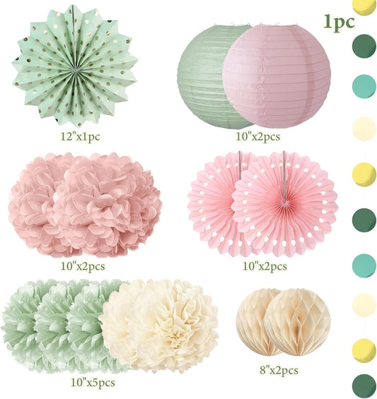 Sage Green and Pink Party Decorations Sage Green and Pink Paper Fans Paper Lanterns Pom Poms Flowers for Baby Shower Birthday Wedding Engagement Party