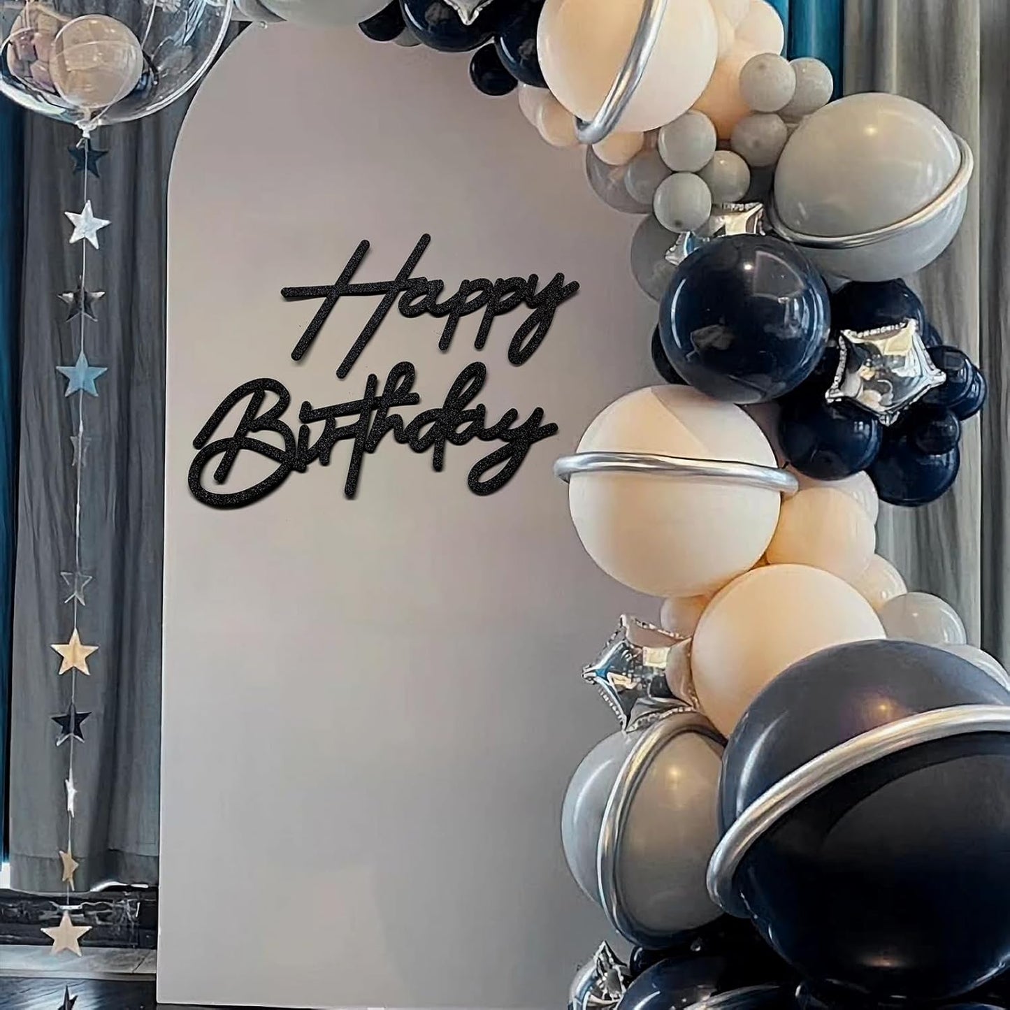 Black Happy Birthday Felt Sign for Backdrop - Glitter Black Happy Birthday Letters Signs Remove for Balloon Arch Party Large Happy Birthday Sings for Baby Girl Women Party Baby Shower Decorations