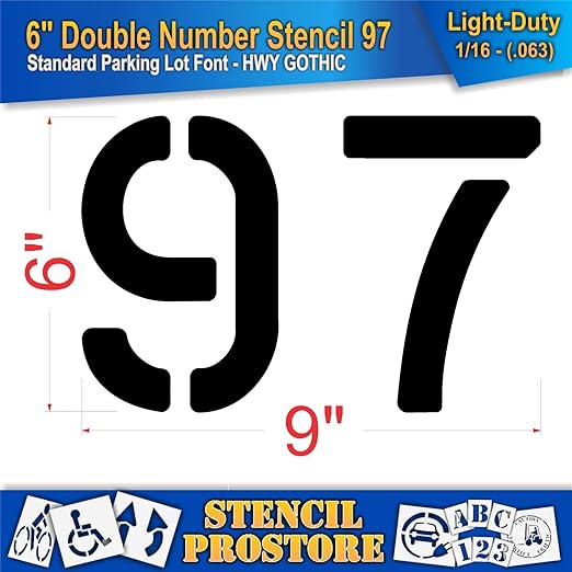 Pavement, Curb, and WheelStop Stencils - 6 inch Double Number Stencil - (97) - 6" x 9" x 1/16" (63 mil) - Light-Duty