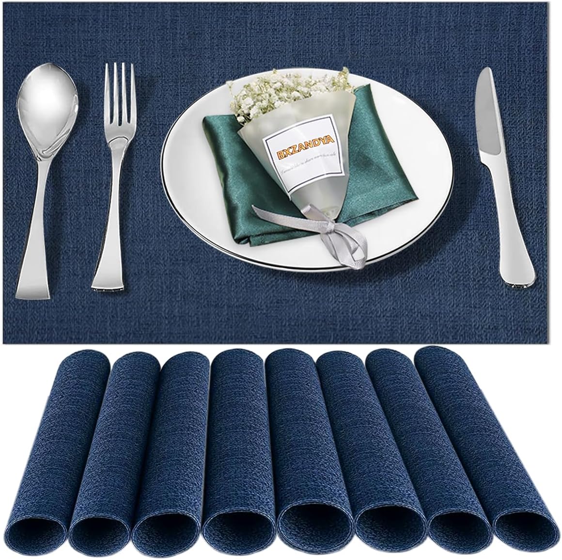 Placemats Set of 8,Washable,Heat and Stain Resistant Indoor/Outdoor Place mats,Vinyl Woven Non Slip Table Mats for Restaurant Table Protection,PVC Placemats(Navy Blue,8PCS)