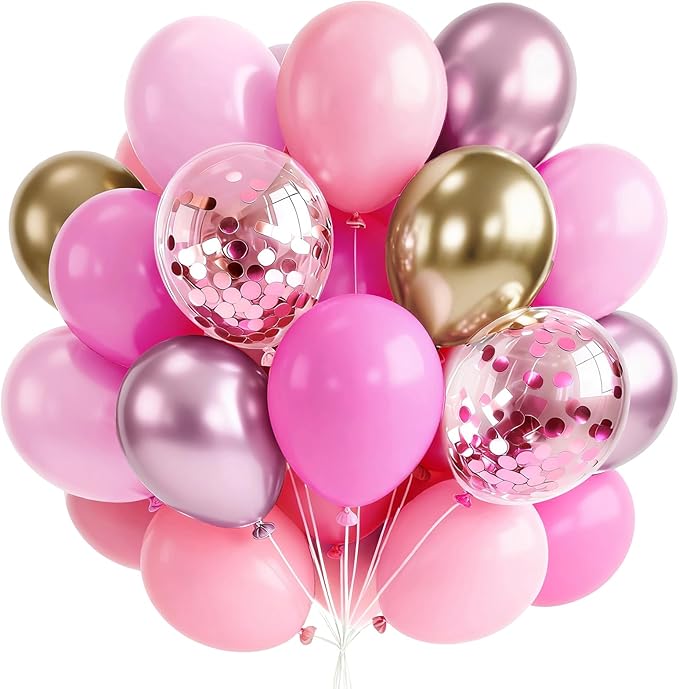 PartyWoo Pink and Gold Balloons 65pcs 12 Inch Metallic Gold Pearl Matte Hot Light Pastel Pink Confetti Balloons for Gender Reveal Baby Shower Bridal Shower Princess Birthday Party Decorations