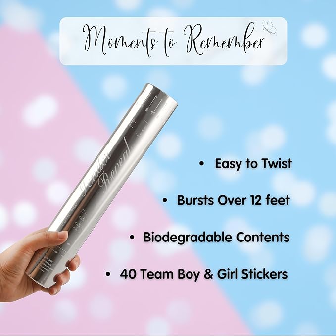Gender Reveal Confetti Powder Cannon - 4 Pink Poppers - Gender Reveal Party Supplies - Smoke Powder & Confetti Cannons - Reveal Stickers 40pcs (20 Girl 20 Boy)