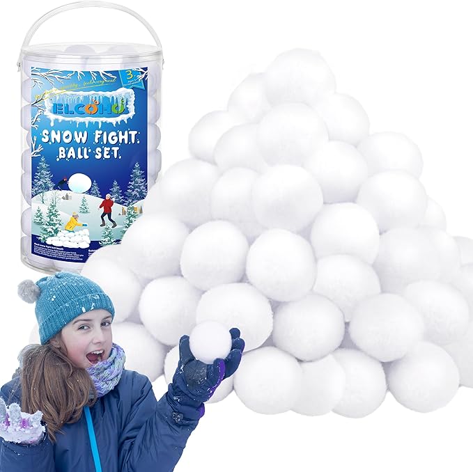 Elcoho 50 Pieces 2 Inch Artificial Snow Toy Ball Set with Bucket for Storage Kids Snow Fight Ball Realistic Snow White Plush Toss Ball for Kids Toss Game Winter Snow Fight Indoor Outdoor Xmas Decor