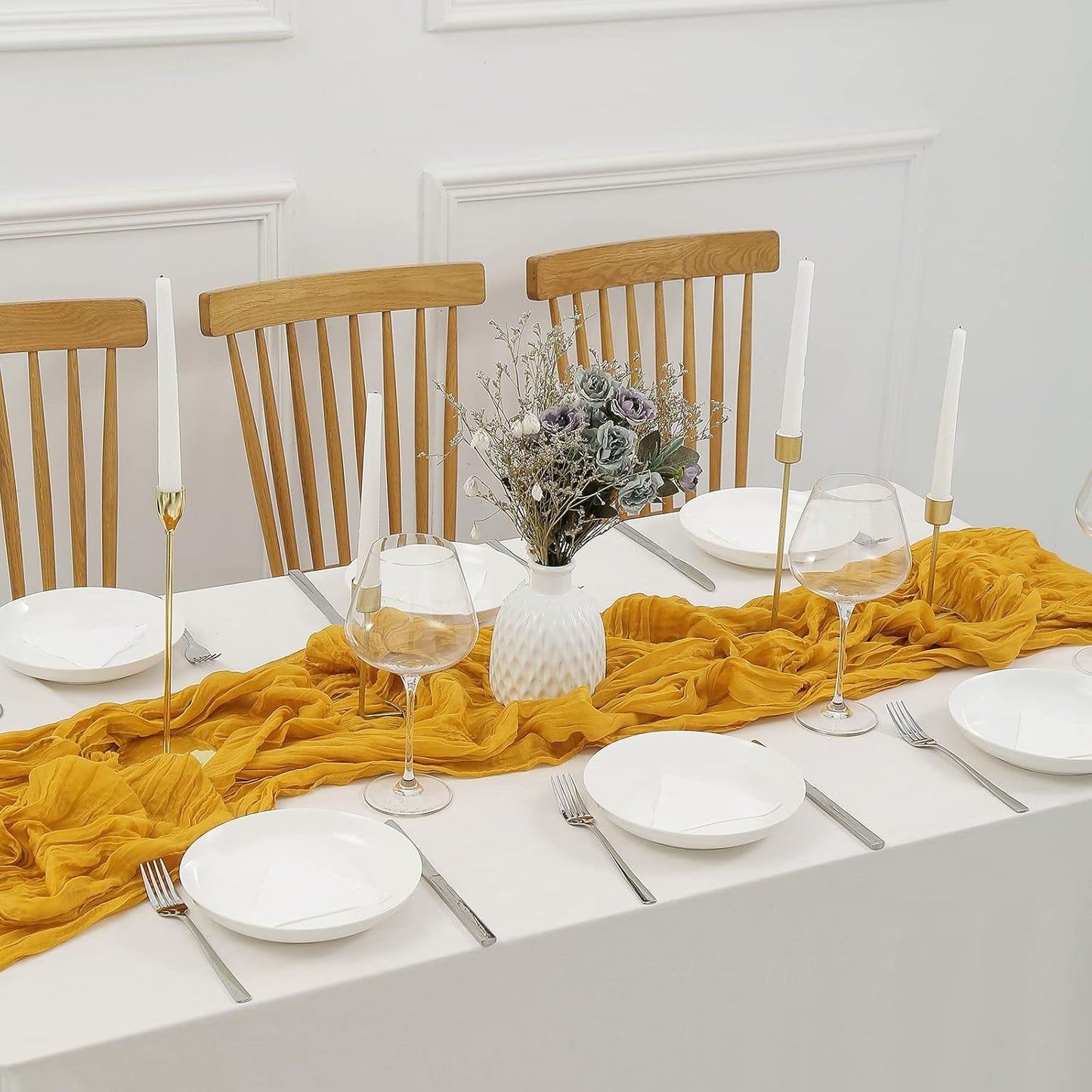 DOLOPL Mustard Yellow Cheesecloth Table Runner 13.3ft Boho Gauze Cheese Cloth Table Runner Rustic Sheer Runner 160inch Long for Wedding Bridal Baby Shower Birthday Party Cake Table Decorations