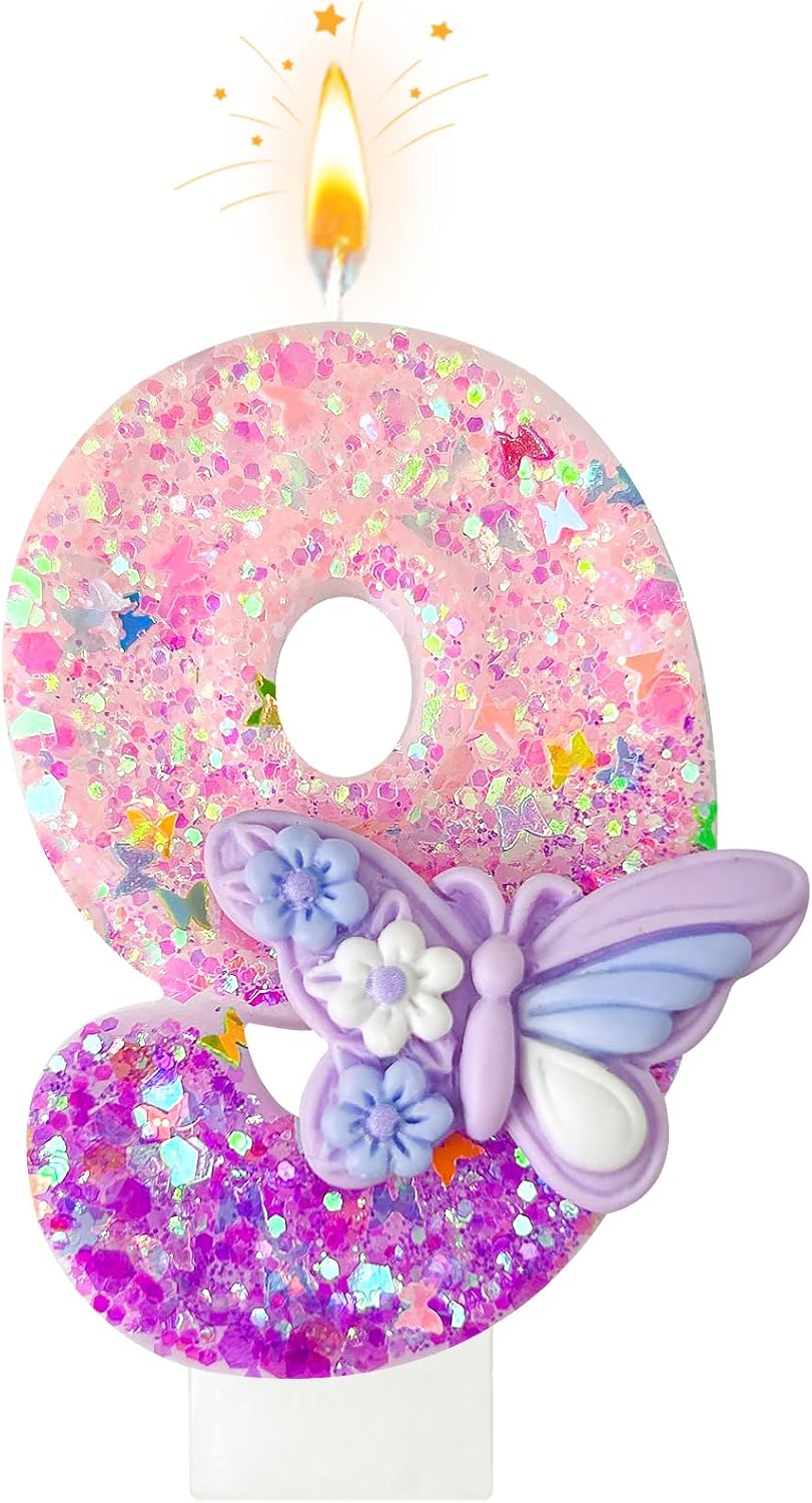 HXOUSE Butterfly Number 9 Birthday Candles - Pink & Purple Butterfly Birthday Candles for Cake, 9 Candle Topper for Anniversary Celebrations Supplies, Fairy Party Decorations for Girl (Number 9)