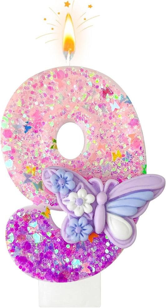 HXOUSE Butterfly Number 9 Birthday Candles - Pink & Purple Butterfly Birthday Candles for Cake, 9 Candle Topper for Anniversary Celebrations Supplies, Fairy Party Decorations for Girl (Number 9)