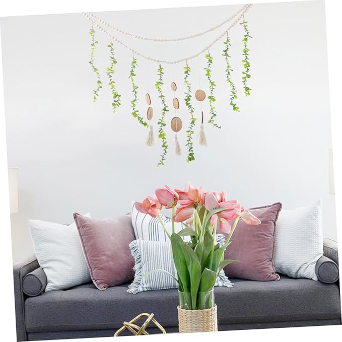 PRETYZOOM Macrame Hanging Photo Display Wooden Beads Elegant Wall Decor for Living Room Farmhouse Beaded Garland for Photos Easy to Install Eucalyptus Leaf Design Boho Aesthetic Home