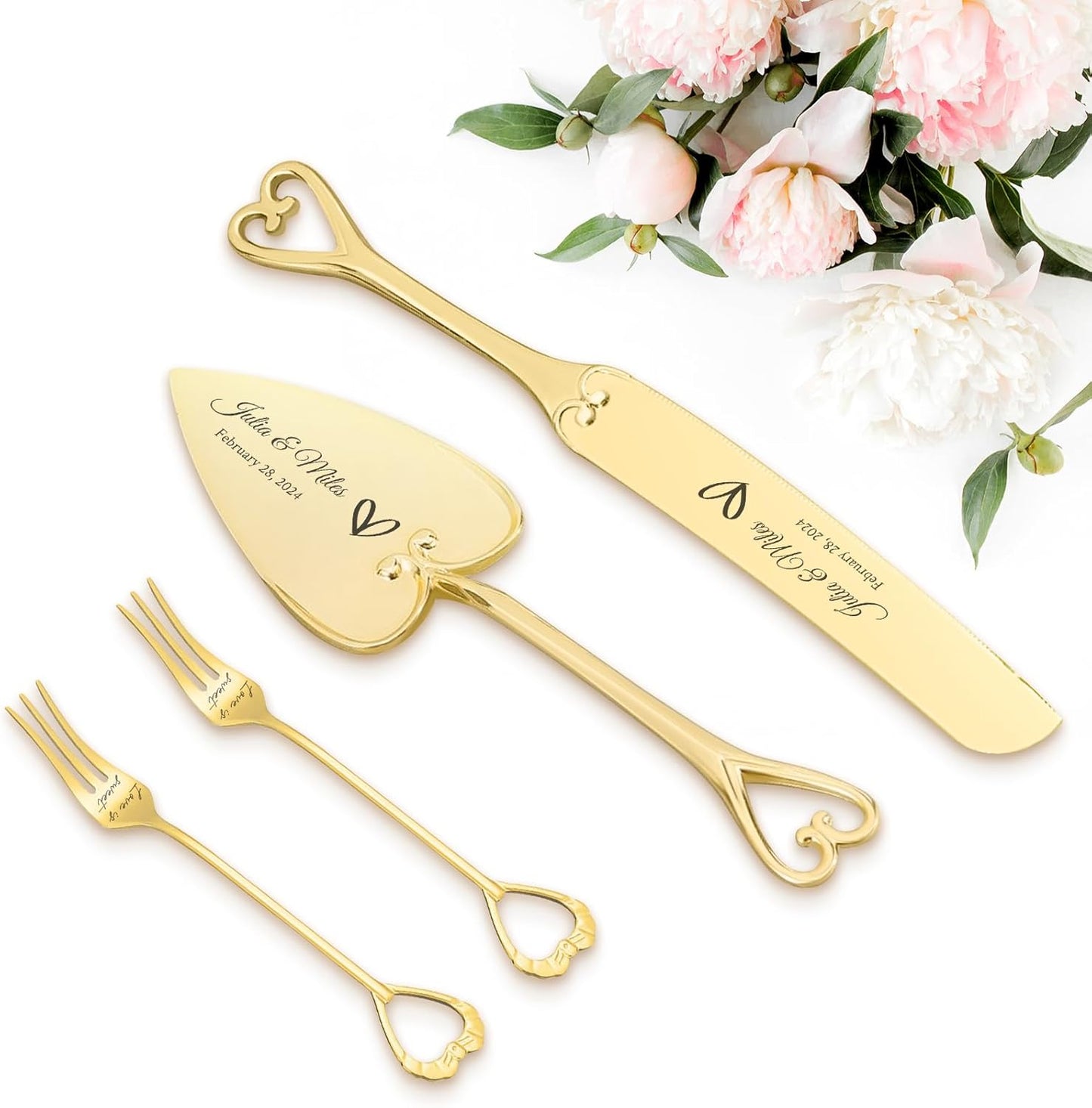 Personalized Wedding Cake Knife and Server Set Engraved Gold Cake Cutter Server Forks Custom Cake Cutting Set for Wedding Anniversary Engagement Birthday Gifts
