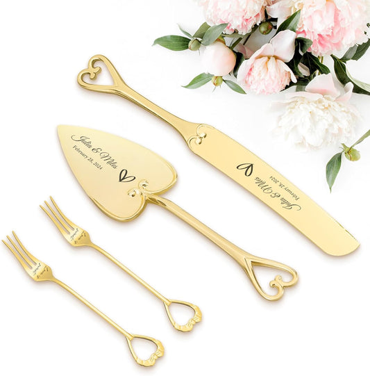 Personalized Wedding Cake Knife and Server Set Engraved Gold Cake Cutter Server Forks Custom Cake Cutting Set for Wedding Anniversary Engagement Birthday Gifts