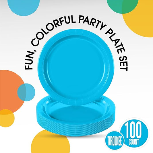 Exquisite Turquoise Paper Plates Disposable Heavy Duty 9 Inch Turquoise Disposable Plates For Party 100 Pcs Heavy Duty Paper Plate 350 GSM, Birthday Party Supplies Plate Set