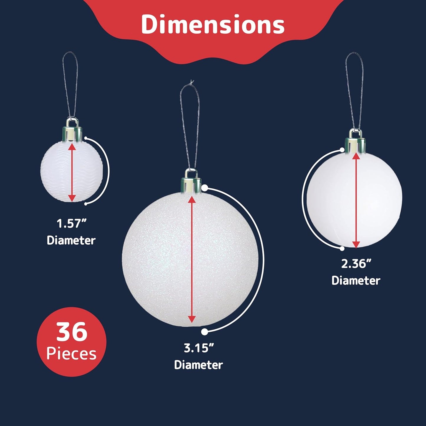Prextex 36pc Shatterproof White Christmas Balls Ornament Set - Festive Christmas Tree Ornaments in 3 Different Sizes and 6 Styles - Holiday Decoration with Hanging Loops for Tree, Wreath, Party Decor