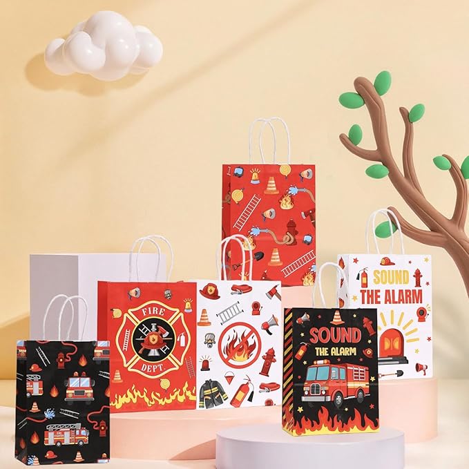 piqiya Fire Truck Party Favor Bags,24pcs Firetruck Gift Treat Goodie Bag for Fire Safety Awareness Events,Firefighter Candy Treat Paper Bag, Gift Bags for Fireman Birthday Party Rescue