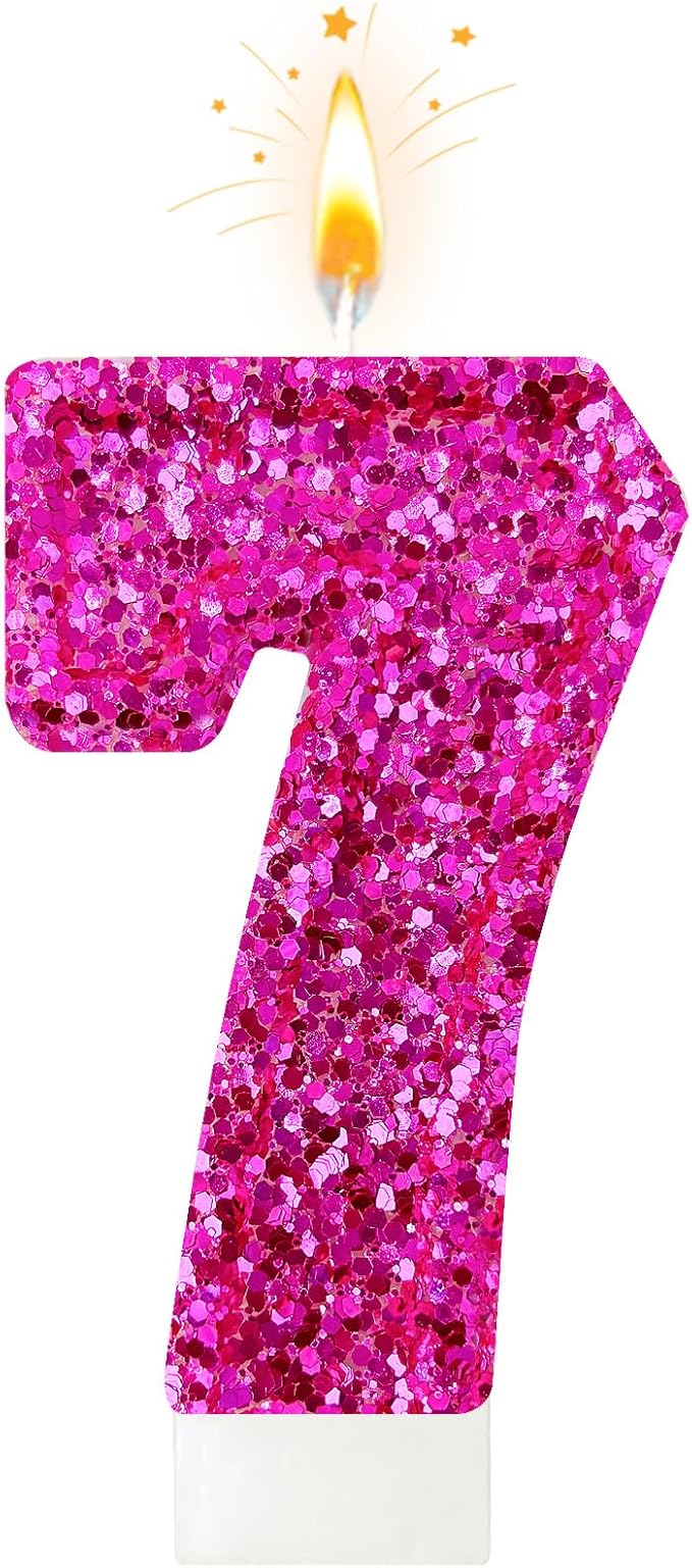 Zailo Birthday Number Candles, Glitter Number Candle Cake Decorations with Sequins, Cupcake Decorations for Girls, Women, Party Anniversary Celebrations (Number 7, Bright red)