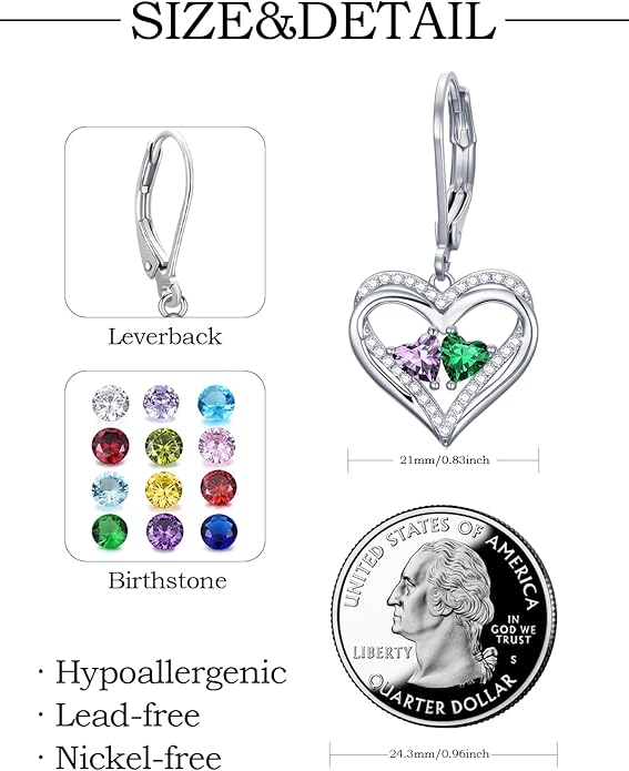 Valentines Day Gifts for Women, Heart Leverback Earrings Double Birthstone Dangle Earrings for Women, Love Jewelry for Her, Anniversary Birthday Gift for Mom Wife Girlfriend