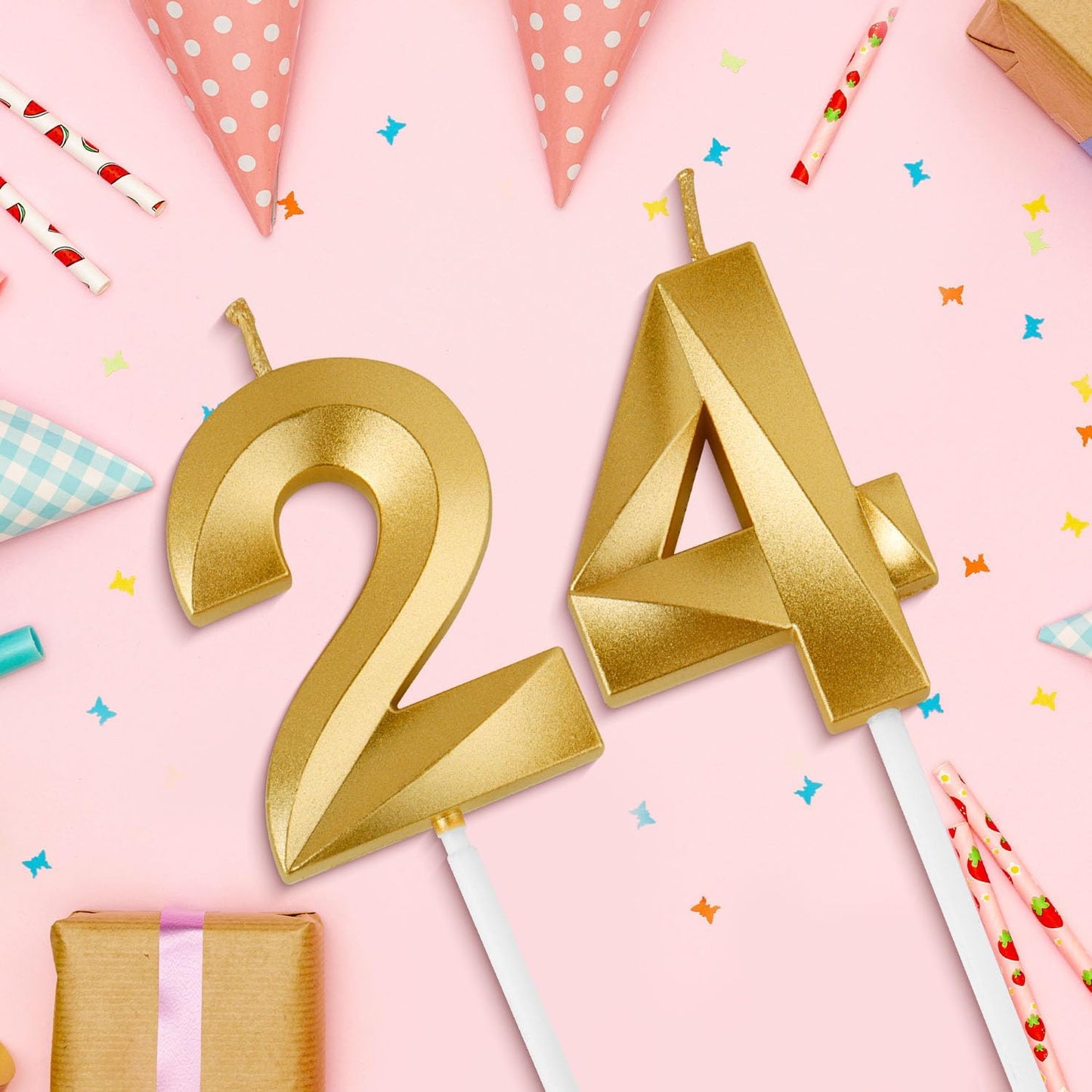 Birthday Candles, 1.96 Inch Number 24 Happy Birthday Candles, Number Candles Decoration for Birthday Party and Anniversary Celebration(Champagne Gold)