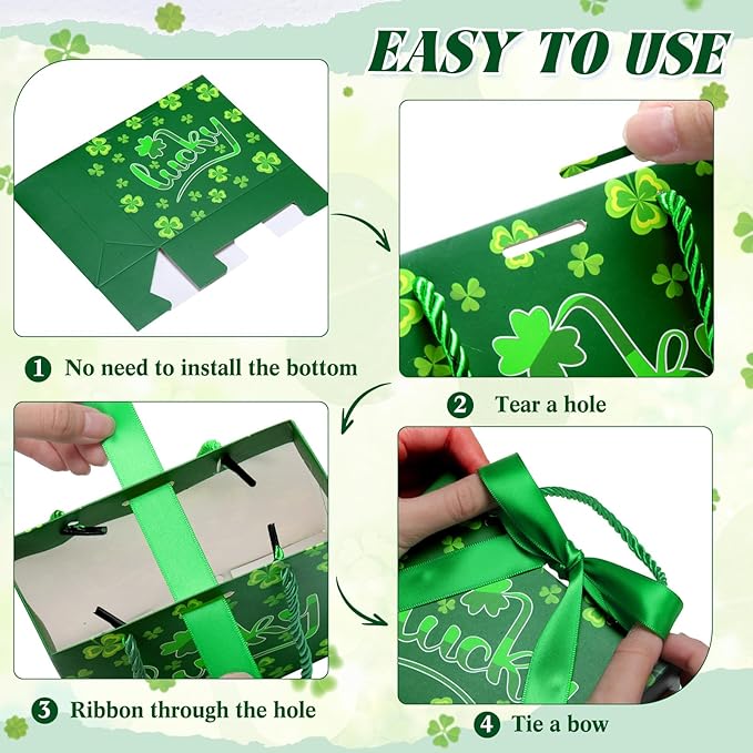 Moinchore 30 Pcs St Patrick's Day Gift Bags Bulk with Handles Bow Ribbon Wrap 5.5 x 4.7 x 2.5 in Green Shamrock Goodie Bags Irish Holiday Party Favors Supplies for Candy Snacks