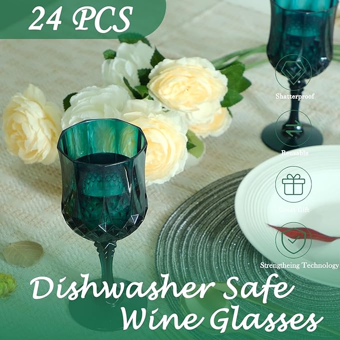Plastic Wine Glasses, Plastic Goblets Vintage Style Cordial Unbreakable Drinking Glasses, Reusable Drinkware for Wedding Reception, Grand Event Party Supplies, Easter (24, Green)