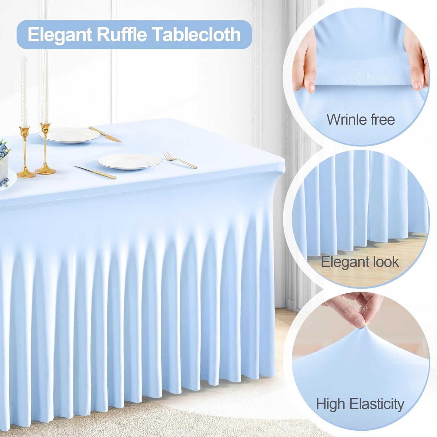 PARTISKY Blue Spandex Tablecloth for 4ft Rectangle Tables, Stretchable Table Cover Skirt for Folding Tables Weddings Parties Banquets Events Trade Shows and Dessert Table