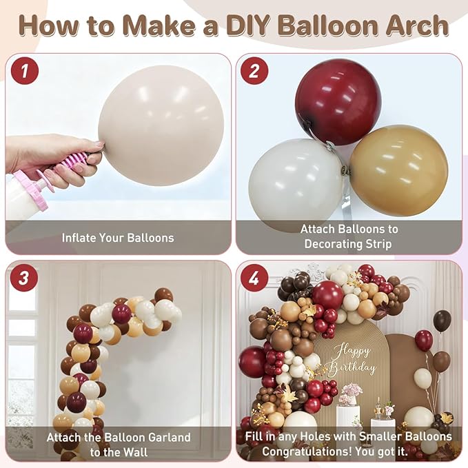 Burgundy Brown White Balloon Garland Arch Kit, 167Pcs Latex Balloons Different Sizes 15 12 10 5 inch for Graduation Birthday Wedding Baby Shower Party Decorations