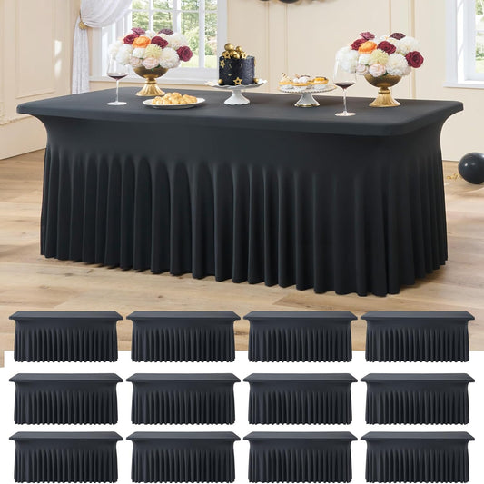 12pack Black Spandex Tablecloths 6ft for Rectangle Tables, Wrinkle Free Classy Table Skirt Stretchy 6 Foot Fitted Table Cloths Covers for Weddings Birthday Party Events Banquette Baby Shower