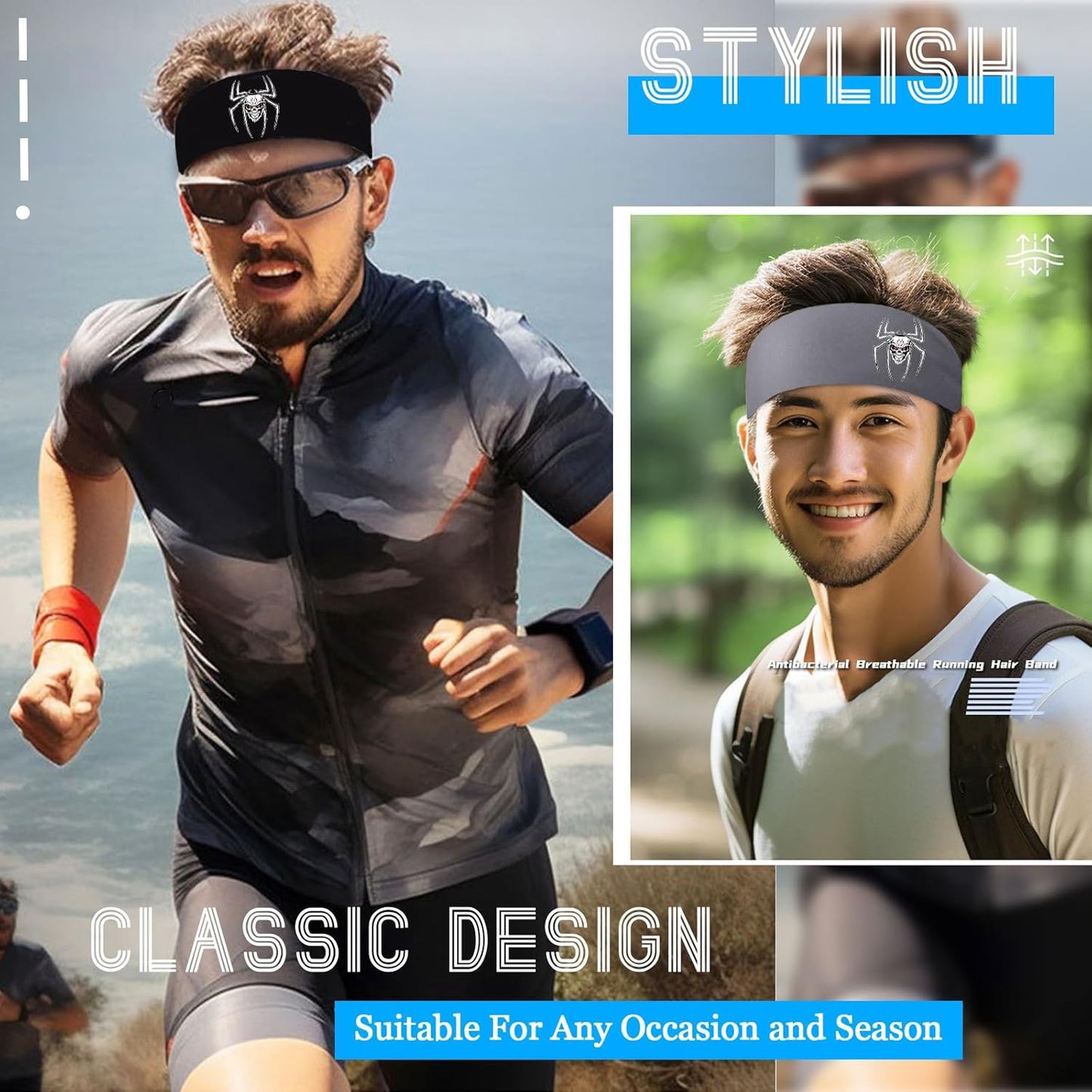 Headbands for Men 3 Pack Sport Sweat Bands Headbands Men Skull Finger Workout Sweatbands for Mens Women Head Bands Cooling Running Men's Hairband Headband