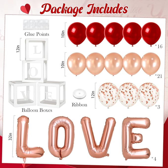 Valentines Day Party Decorations, Balloon Boxes with Letters/ 32" LOVE Balloons/Rose Gold and Red Balloons for Galentines Mothers Day Wedding Proposal Engagement Anniversary Party Decorations