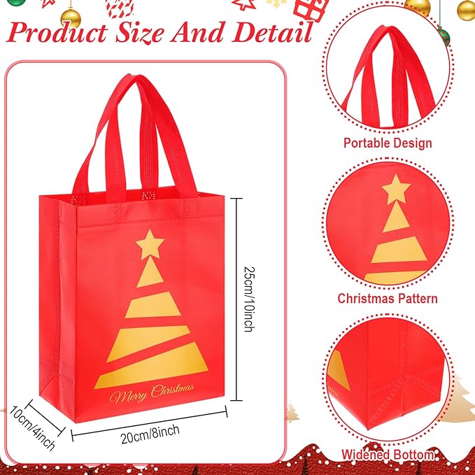 Wesnoy 48 Pcs Christmas Gift Bags Bulk 10 x 8 x 4 Inch Red Gold Goodies Bags Reusable Non Woven Christmas Party Favors Candy Treat Totes with Handles for Holiday Gift Birthday Party Supplies