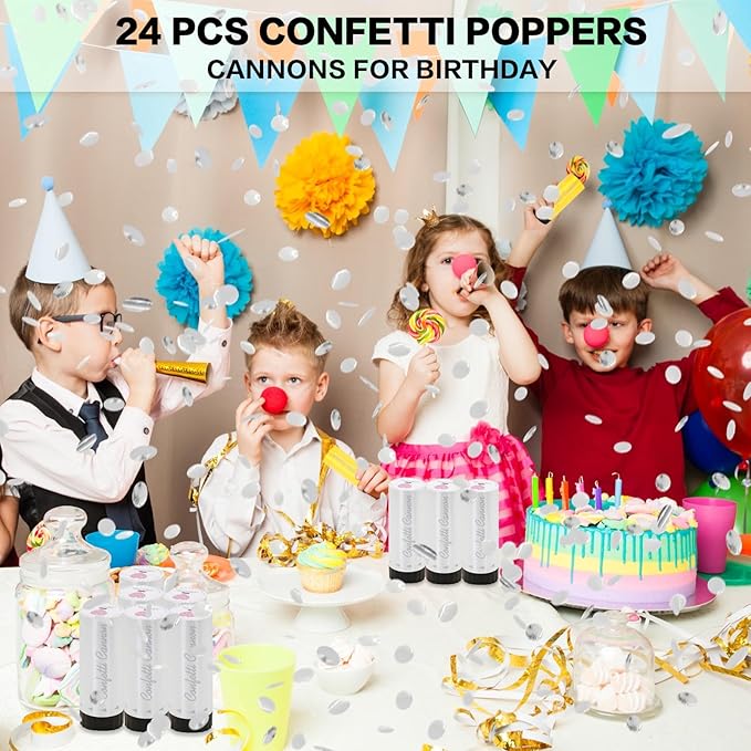 Confetti Cannon 24 Pack Small Silver Confetti Poppers ideal for Weddings, Birthdays, Graduations, Baby Showers, New Year's Eve Parties Fun Party Decorations