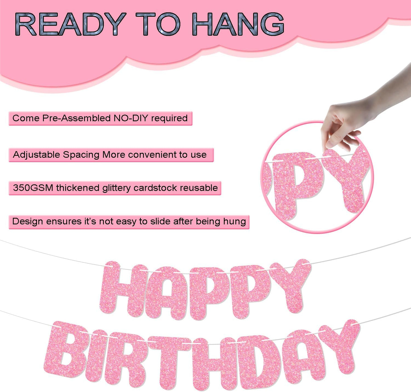 Happy Birthday Banner,with adhesive hooks,pink iridescent letter party banner,Glitter Decor,Kids Baby Adults Birthday Decorations Party Supplies(Pre-Strung)(Pink)