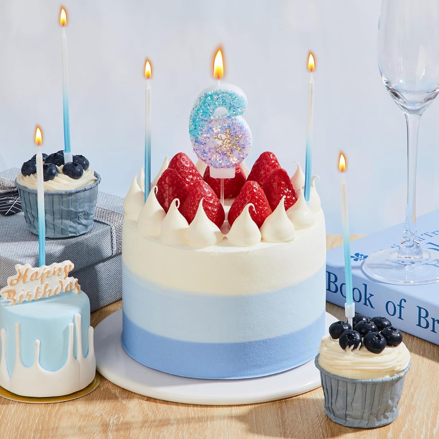 MTLEE Number 6 Birthday Candle Blue Snowflake with 6 Long Thin Cupcake Candles Blue Sparklers Glitter Number Happy Birthday Cake Topper Decorations for Winter Party Supplies