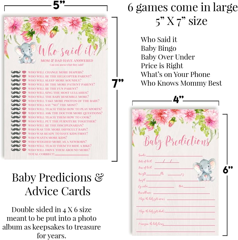 Amanda Creation Baby Shower Games 8 Game Set Watercolor Dahlia Floral Elephant Girl 80 Double-Sided Cards for 20 Guests.Bingo, Baby Predictions & Activities for Guests. Theme for Girl