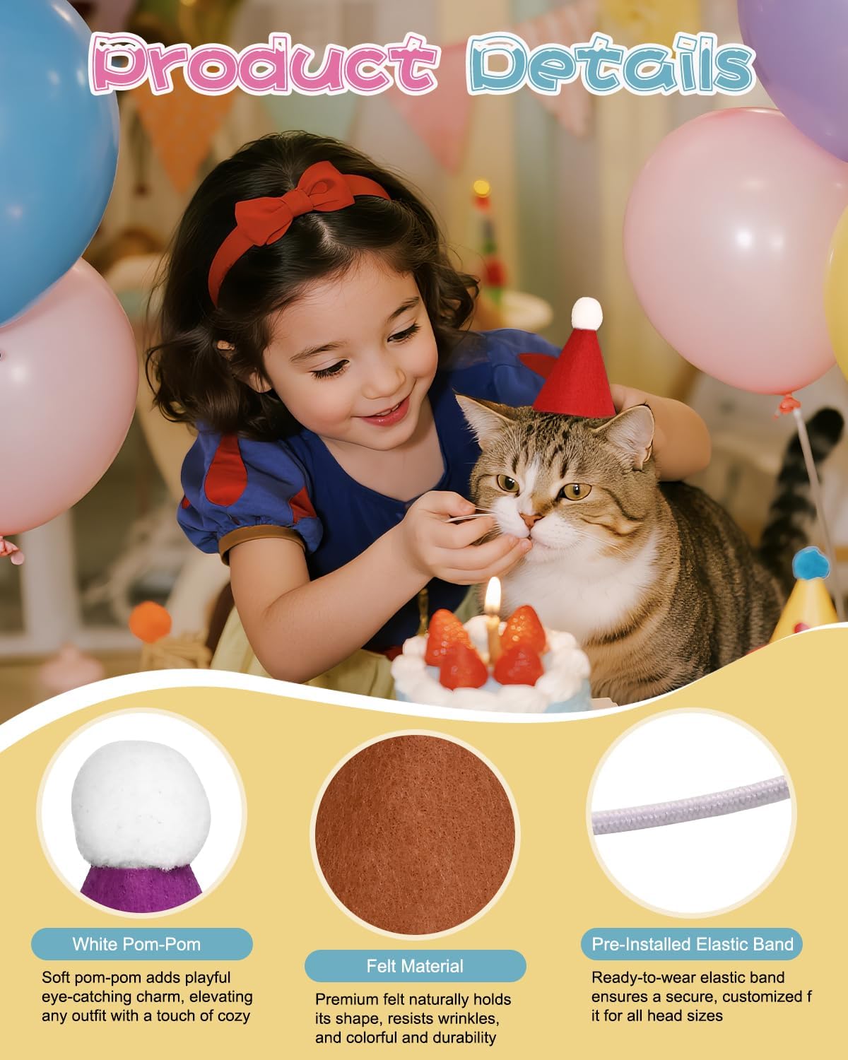 16Pcs Mini Birthday Party Hats for Stuffed Animals, Felt Small Party Hats, Reusable Party Animal Decorations,Cat Birthday Hat