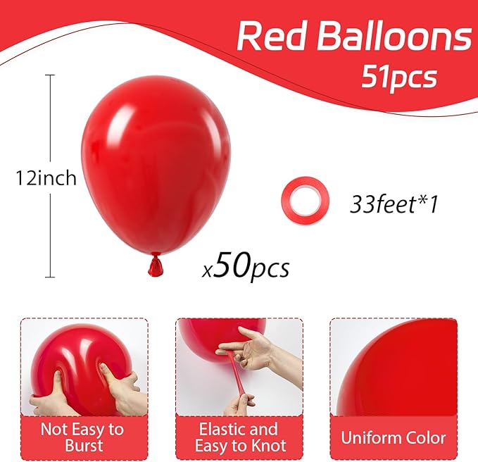 Red Balloons 12 inch, Red Latex Balloons 50pcs Party Balloons for Baby Shower Wedding Valentines Christmas Birthday Party Decorations