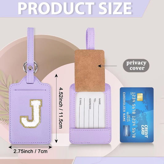 Personalized Initial Luggage Tags for Suitcases, Leather Chenille Letter Cute Luggage Tags with Privacy Name Card, Embroidered Travel Bag Backpack Tags Gifts for Women Kids Girls Teens(Purple-J)