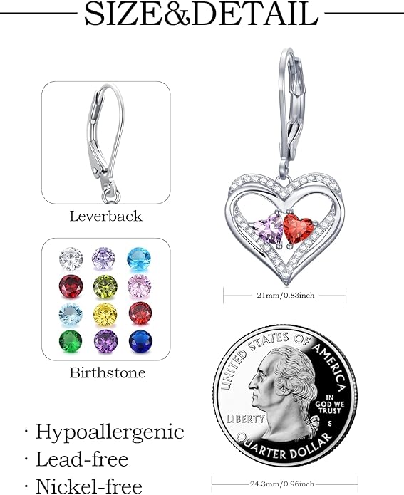 Valentines Day Gifts for Women, Heart Leverback Earrings Double Birthstone Dangle Earrings for Women, Love Jewelry for Her, Anniversary Birthday Gift for Mom Wife Girlfriend